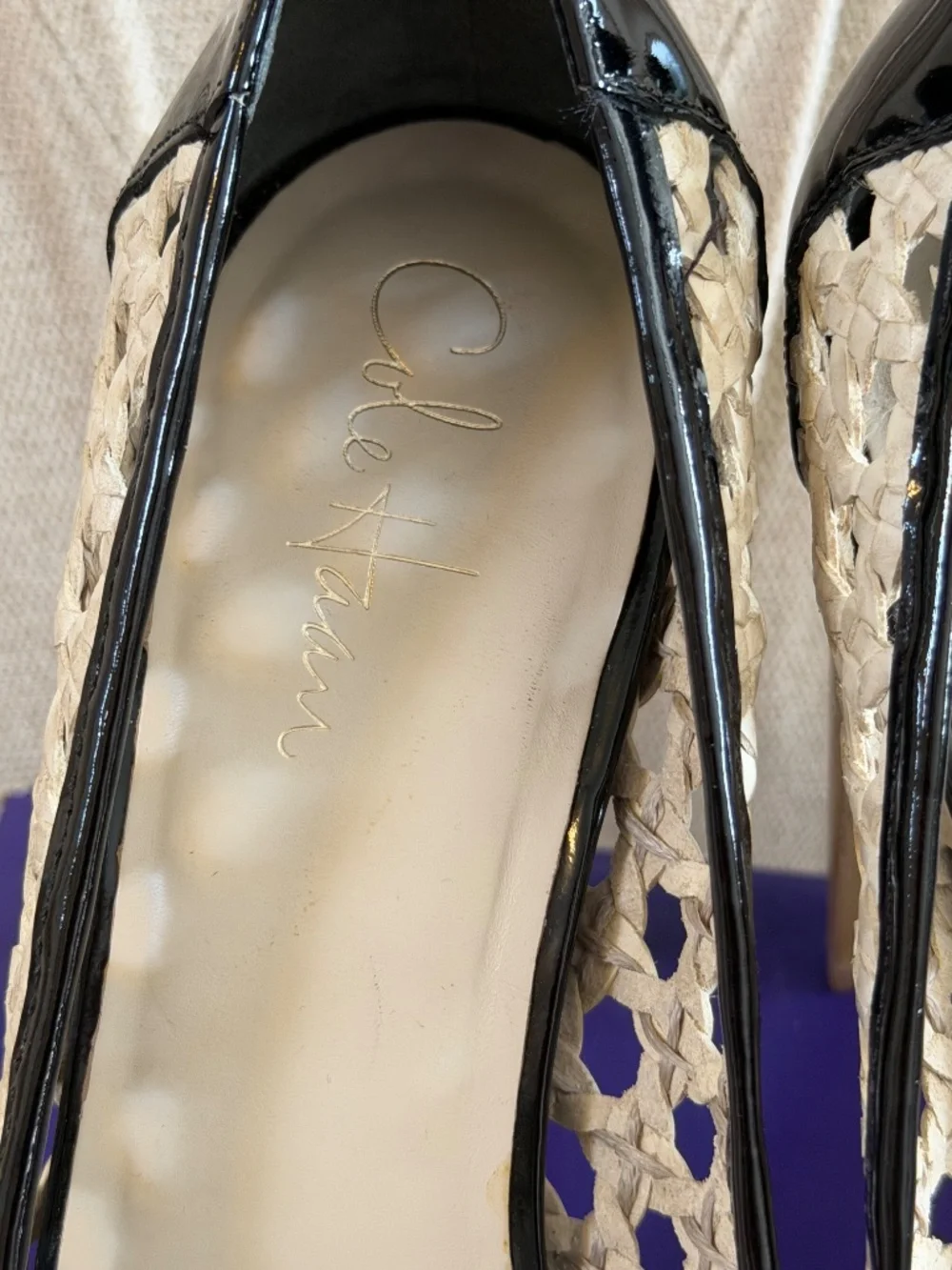 Cole Haan black patent leather woven platform heels